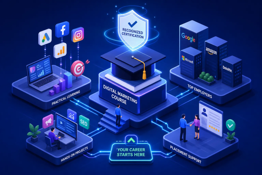 Which digital marketing course in India offers the best placement support and certification recognized by top employers?
